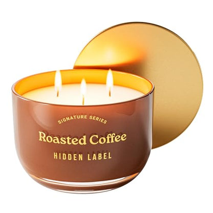 Hidden Label Roasted Coffee Candle, 18oz 3-Wick Soy Wax, 75H Aromatherapy | Long Lasting Burn | Strong Hot & Cold Throw | Non Toxic Plant Based | Kitchen & Office Decor | Gift Ready - color: Roasted Coffee
