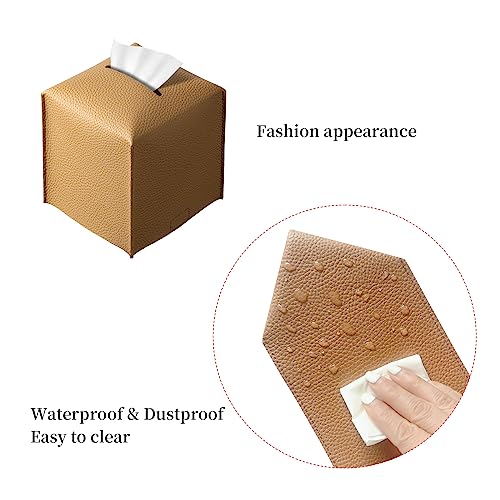 REGELETO Square Tissue Box Cover, Pu Leather Tissue Box Holder with Bottom Belt Modern Stylish Tissue Box Organizer for Bathroom, Bedroom, Hotel, Office Desk 5"X5"X5" - color: Single-camel