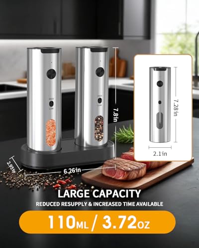 CIRCLE JOY Rechargeable Electric Salt and Pepper Grinder Set, 2-speed Stainless Steel Automatic Pepper Mill Grinder w/Charging Base, Adjustable Coarseness, LED Light, 110ml Large Capacity Top Fill - color: 2-Speed Silver