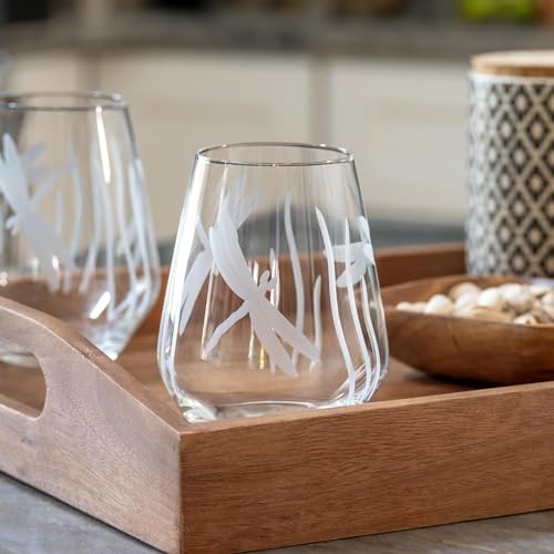 Rolf Glass Dragonfly Stemless Wine Glass 18oz - Tumbler Wine Glasses Set of 2 – Made in the USA - Etched Stemless Wine Glasses -(Set of 2) - color: Stemless 2 Set