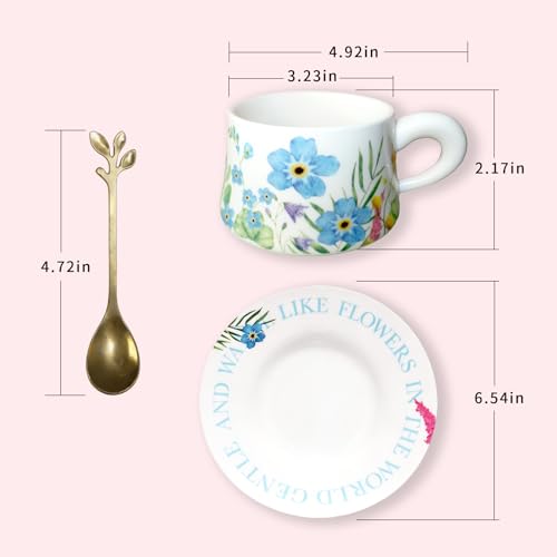Tea Cup Set with 2 Cups & Saucers, 9.5 OZ Espresso Coffee Mugs | Vintage Ceramic Teacup and Saucer Set with 2 Spoons for Coffee, Tea, Latte, Cappuccino & Creative Drink Serving