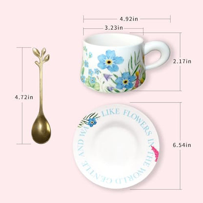 Tea Cup Set with 2 Cups & Saucers, 9.5 OZ Espresso Coffee Mugs | Vintage Ceramic Teacup and Saucer Set with 2 Spoons for Coffee, Tea, Latte, Cappuccino & Creative Drink Serving