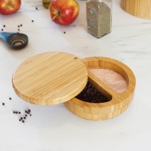 Totally Bamboo Salt Keeper Duet, 2-Compartment Salt and Pepper Container | Salt and pepper bowls keep favorite seasonings within easy reach. Bamboo salt cellar has swivel lid and 8 oz capacity. - style: Salt Keeper Duet