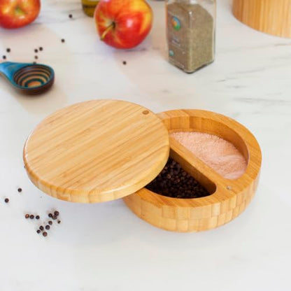 Totally Bamboo Salt Keeper Duet, 2-Compartment Salt and Pepper Container | Salt and pepper bowls keep favorite seasonings within easy reach. Bamboo salt cellar has swivel lid and 8 oz capacity. - style: Salt Keeper Duet