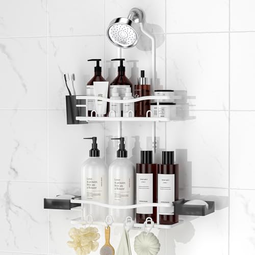 Rustproof Shower Caddy Hanging with Soap Holders for Bathroom, White | Shower Organizer with Multi Hooks Toothbrush Holder, No Drilling, Anti-Swing, Storage for Shampoo Conditioner Body Wash - color: White