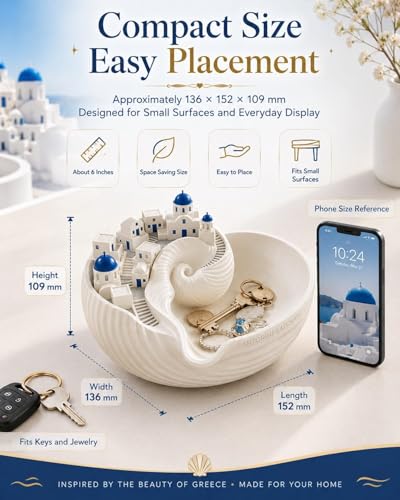 Santorini Catchall Bowl Seashell Key Tray Jewelry Dish Greek Island Decor Blue Dome Miniature Village Trinket Holder Coastal Entryway Table Decor 3D Printed PLA Material (1Pcs)