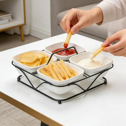 Pumtus Ceramic Divided Serving Dishes, 4 Removable Snack Bowls with Metal Stand, 9 Inch Appetizer Platter with Handle, Dip Bowls for Party, Condiment Serving Relish Tray for Chips & Dips, Nut, Candy