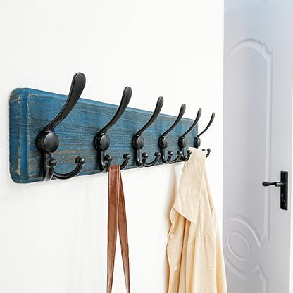 Coat Rack Wall Mounted - 24" Long 6 Tri Hooks, Heavy Duty Wooden Wall Coat Hanger Coat Hook for Clothes Hat Jacket Clothing, Weathered Blue and Black - color: Weathered Blue & Black, size: L=24"