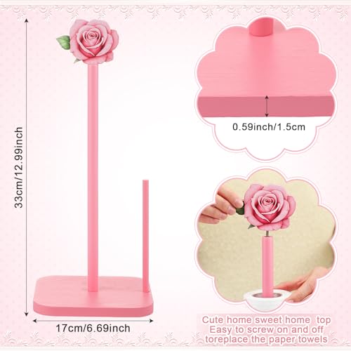 Leinuosen Pink Rose Paper Towel Holder Coquettish Cute Rose Wooden Paper Towel Holder Pink Bathroom Countertop Accessories Kitchen Roll Stand Organizer Standing Apartment Decor Housewarming Gift - style: Pink Roses