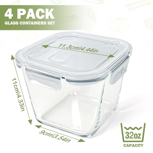 Borosilicate Glass Soup Containers with Lids, 4 Cup/32 oz, 4 Pack | Microwave Dishwasher Oven Freezer Safe | Airtight Leak Proof | Food Grade | Square Soup Meal Prep | Lunch | Food Storage Set - color: Transparent4