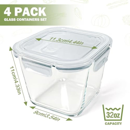 Borosilicate Glass Soup Containers with Lids, 4 Cup/32 oz, 4 Pack | Microwave Dishwasher Oven Freezer Safe | Airtight Leak Proof | Food Grade | Square Soup Meal Prep | Lunch | Food Storage Set - color: Transparent4