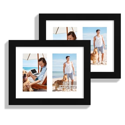 Hongkee 8x10 Picture Frame Set of 2, Black Wood Frame with Glass Collage Frame, Display Pictures Two 4x6 With Mat or 8 x 10 Without Mat - Horizontal or Vertical Wall Mounting - color: Black, size: 8x10 in matted to 2-4x6