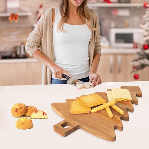 Christmas Tree Cutting Board Wood, Christmas Tree Shaped Charcuterie Board with Handle, Acacia Wood Christmas Tree Wooden Serving Tray, Christmas Gift Decor