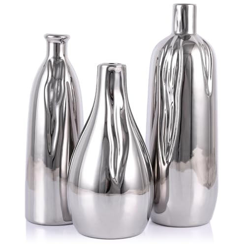 Vase Set of 3, Modern Ceramic Decorative Vases for Living Room, Bedroom, Art Decor, Mantle, Home Event Decor, Office Decorative, Weddings, Rustic & Farmhouse (Silver) - color: Silver