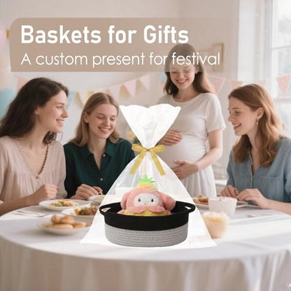 JMvicyroam Small Woven Basket, Empty Gift Basket, Black&Grey/2 Pack | Small Gift Basket, Cotton Rope, 12 x 8 x 79 in, Handles, Includes Ribbon and Bag, Birthday Gift Basket - color: Black&Grey, size: 2 Pack