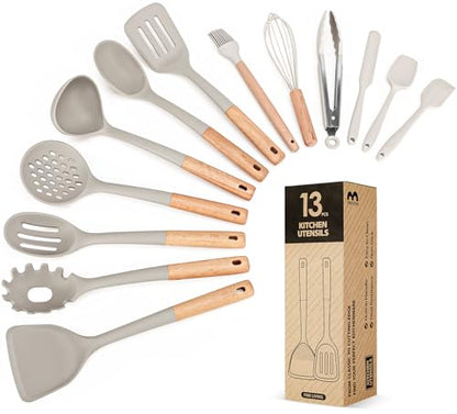 Kitchen Utensils Set, 13PCS Silicone Cooking Utensils, Heat Resistant Kitchen Utensil Spatula Set for Nonstick Cookware, Wooden Handles Kitchen Gadgets Tools Set - color: Khaki