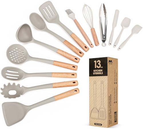 Kitchen Utensils Set, 13PCS Silicone Cooking Utensils, Heat Resistant Kitchen Utensil Spatula Set for Nonstick Cookware, Wooden Handles Kitchen Gadgets Tools Set - color: Khaki