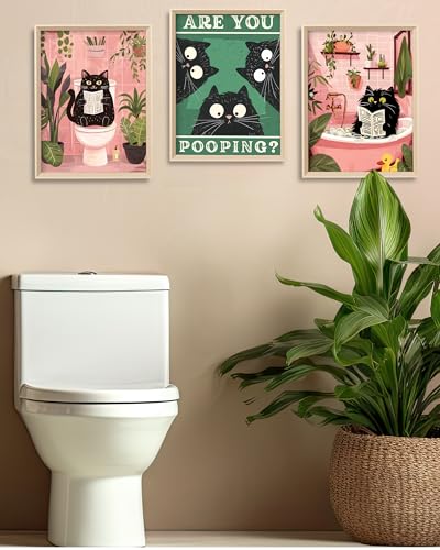 UPWOIGH Funny Cat Framed Bathroom Wall Art, 12 x 16 Inch, Set of 3 | Black Cats Reading and Bathing, Are You Pooping Quote, Pink and Green Prints, Beige Oak Frames for Restroom and Powder Room - color: pink and Blue