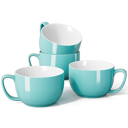 Teocera 24 oz Soup Bowls with Handles, Porcelain Large Coffee Mug Set, Jumbo Mugs, Soup Bowls Mugs set of 4 for Coffee, Oatmeal, Stew - Striped Design, Turquoise - color: Turquoise