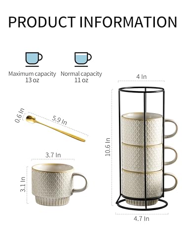 Gomakren Coffee Mugs Set of 4 Ceramic Coffee Cup with Stand, Creamy White | 13oz Stackable, Embossed Grid Mugs, Black Metal Rack, Lead-Free Dishwasher Safe, with Gold Spoons for Home Coffee Bar - color: Creamy White