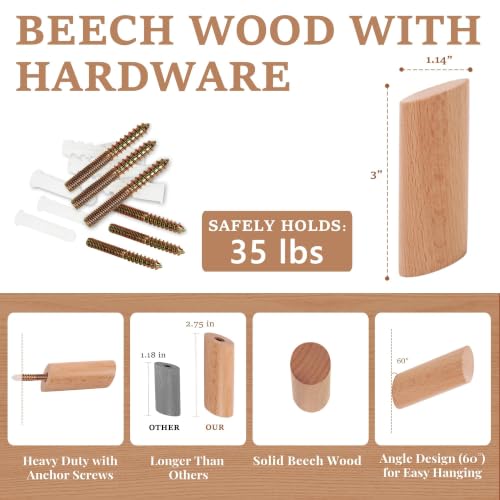 evory 4 Pack Coat Hooks Mounted Rustic Wooden Heavy Duty Robe Hook | Beech Wood, Hat Rack, Bathroom Towels, Clothes Hanger - color: 4 Pack - Beech wood