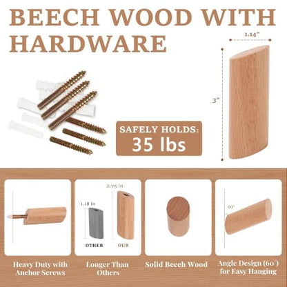 evory 4 Pack Coat Hooks Mounted Rustic Wooden Heavy Duty Robe Hook | Beech Wood, Hat Rack, Bathroom Towels, Clothes Hanger - color: 4 Pack - Beech wood