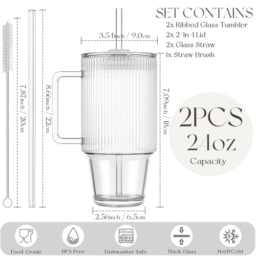 KEMORELA 24oz Ribbed Glass Cups with Lids and Straws,Glass Tumbler with Handle,2 set–Reusable Glass Ice Coffee Cups with Lid and Straw for Smoothies,Tea,Juice,Boba Cup for Cold & Hot Drinks,Travel Cup