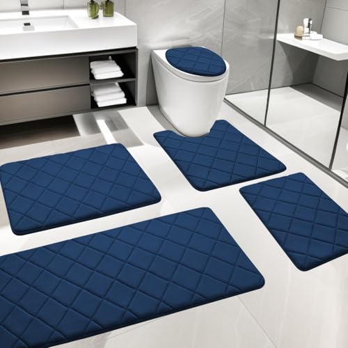 Memory Foam Bath Mat, Navy Blue Bathroom Rug Set, Soft Non Slip Bathroom Mat, Water Absorbent Bath Rug for Toilet and Floor - color: Blue, size: 5 pieces