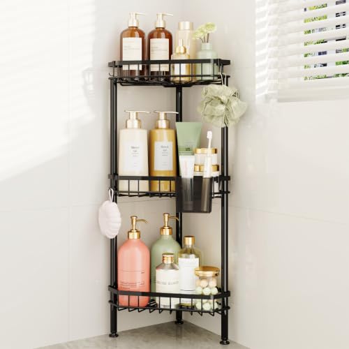 Consumest Corner Shower Caddy Stand - Rustproof Bathroom Organizer&Storage | 3 Tier Shower Shelves for Inside Shower, Stainless Steel Corner Shelf with Soap Holder, 4 Hooks, Brush Holder, Black - color: Black, size: 3 Tier