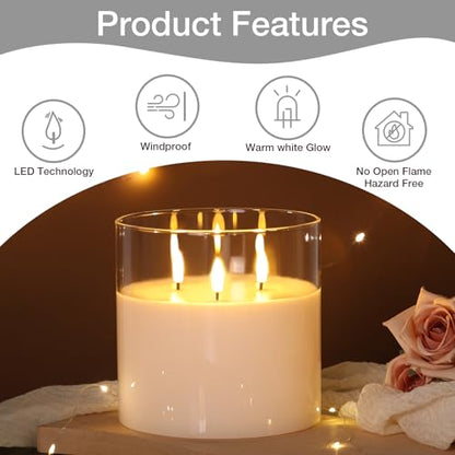 Large 3 Wick Clear Glass Flameless Pillar Candle with Remote | 6x6 inch LED Candle Flickering, Triple Wick, 2 AA Battery Powered, Accent Home Decor Gift - color: Clear