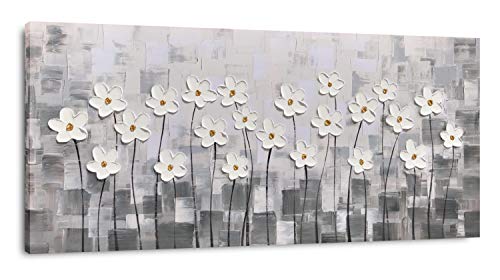 Yihui Arts Wall Art Pallet Knife Pictures Painting White Lily Bouquet of Flowers Oil Painting Floral Artwork Print on Wrapped Canvas for Walls - color: Flower Picture, size: 48"L x 24"W