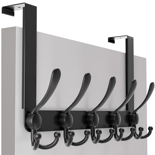 SKOLOO Over The Door Hook - for Doors up to 1-3/4'' Thickness, Metal Door Hanger with 5 Triple Hooks, Black Over The Door Hanger for Coats, Hats, Towels, Assembly Required - color: Black, size: 1 Pack