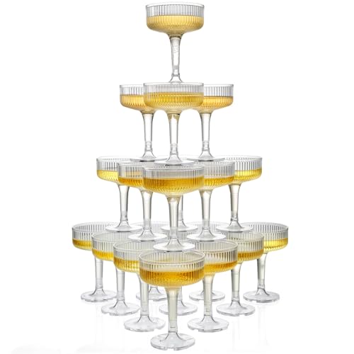 Goodluck 4-Tier Champagne Tower - 20PCS 7oz Clear Plastic Champagne Flutes | Plastic Coupe Glasses with Vertical Stripes for Weddings, Celebrations, Parties & Birthdays - color: Clear