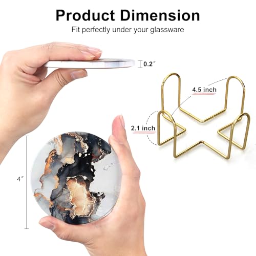 6 Pcs Black Marble Abstract Ceramic Coasters with Holder Best Round Drink Absorbent Coaster for Desk, Lounge, Coffee Table, Wine, Beverage, Bar Coasters Set - color: Black