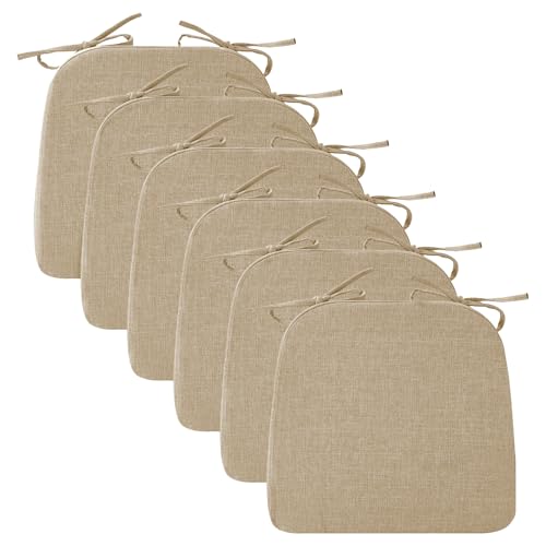 Ruqmuis Chair Cushions for Dining Chairs, 2" Thick Seat Cushions for Kitchen Chairs, D-Shaped Chair Pads with Washable Cover, Ties and Non Slip Backing, 17'' x 16'', Set of 6, Khaki - color: Khaki, size: 6 Count(Pack of 1)