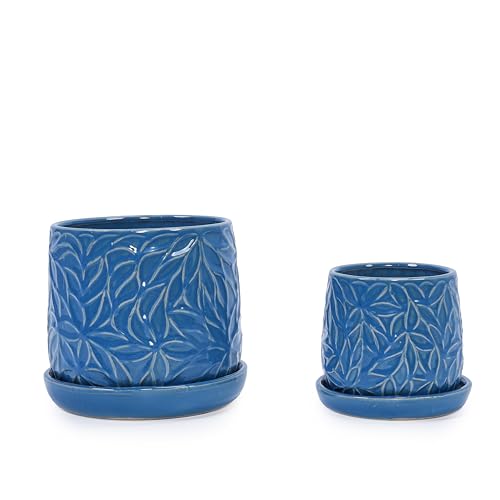 Embossed Leaf Ceramic Planter Pot Set, Modern Flowerpot with Drainage Hole, Matching Saucer, Gloss Glazed Decorative Container for Succulents Herbs Orchids Patio Garden Windowsill (Navy Blue) - color: Navy Blue