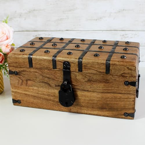 Treasure Chest Wooden Box with Antique Iron Lock and Skeleton Key (Large 14.5x8x6.75) - Storage and Decor – Pirate Wooden Treasure Chest, Decorative Box with Hinged Lid, - size: Large 14.5 x 9 x 5.75"