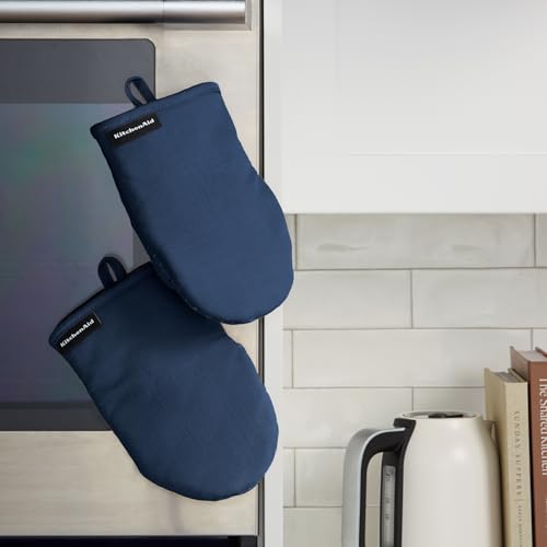 KITCHENAID Gourmet Series Gridlines Mini Oven Mitts 2-Pack Set, Heat Resistant up to 600°F, Soft Silicone Grip, Magnetic Cuff, Ink Blue, 5.5"x9" - color: Ink Blue