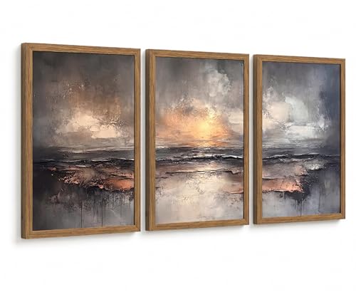 Framed Moody Coastal Impasto Sunset Ocean Abstract Canvas Wall Art set of 3 | Modern neutral gray impasto ocean wall decor suits japandi farmhouse minimalist styles with wood frames, 12×16 in - color: Moody Gray And Orange, size: 12x16 Inch