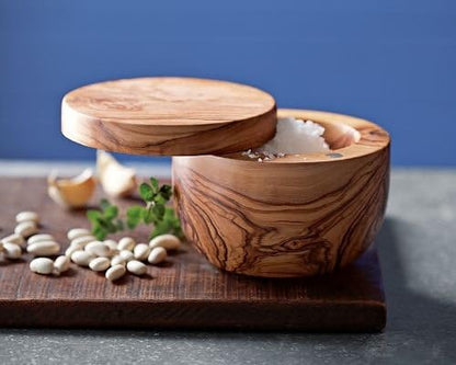 Berard Handcrafted Salt Keeper with Magnetic Lid, 4" Round, Olive Wood
