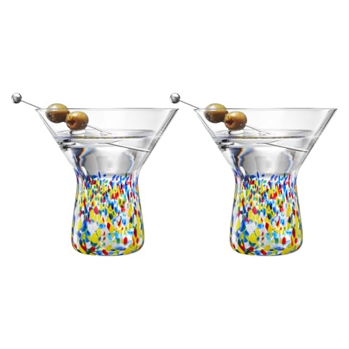 Large Stemless Martini Glasses – Set of 2-8oz Luxury Hand Blown Confetti Margarita, Martinis, Cocktails, Water, Wine, Dessert & Champagne Glasses Cinco de Mayo, Hand Blown - Mexican Confetti Glass - style: Mexican Confetti Martini Glass
