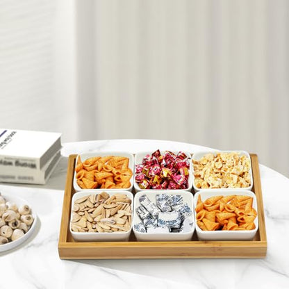 Ceramic Divided Serving Dishes with Bamboo Platter, 6 Piece Ceramic Snack Serving Tray&Fruit Tray, Platter Fruit Candies Condiments Food Bowls, with Wooden Serving Tray and Lids, for serving fries