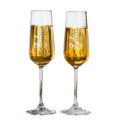 Personalized Champagne Flutes with Name – Script Engraved Champagne Glasses, Custom Name & Date, Wedding Anniversary Birthday Toast Glass (Champagne Flutes-D8) - color: Champagne Flutes-D8