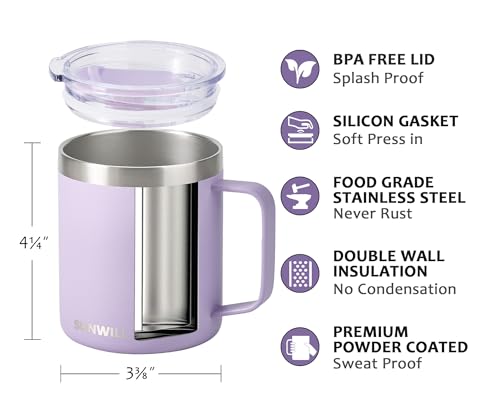 SUNWILL Travel Coffee Mug with Lid, Insulated Tumbler with Handle, 14 oz Stainless Steel Cup for Home, Office, Camping, Powder Coated Orchid - color: Powder Coated Orchid