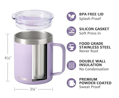 SUNWILL Travel Coffee Mug with Lid, Insulated Tumbler with Handle, 14 oz Stainless Steel Cup for Home, Office, Camping, Powder Coated Orchid - color: Powder Coated Orchid