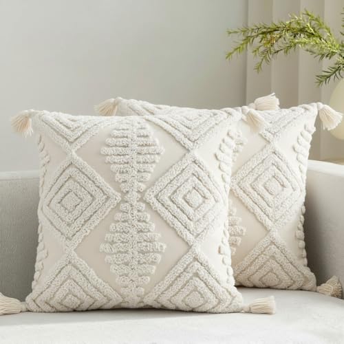 Boho Throw Pillows, 18x18 Bohemian Cushion Case,Set of 2 Textured Moroccan Throw Pillow Covers,Decorative Farmhouse Neutral Pillowcases for Couch Sofa Bedroom Living Room Home Decor White - color: Set of 2 Cream, size: 18" x 18" (Pack of 2)
