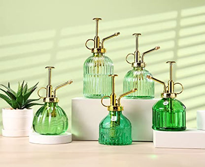 Glass Plant Mister Spray Bottle, 7.5" Green Glass Water Spray Bottle with Gold Top Pump Small Watering Can, Small Plant Sprayer Mister for Indoor Outdoor House,(Green+Gold E) - style: Green+Gold E