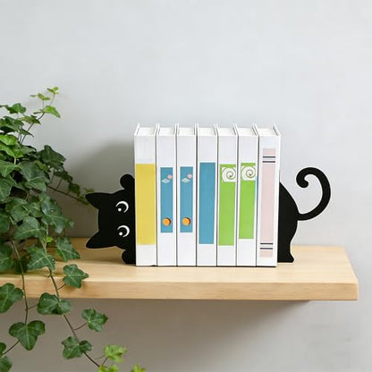Peekaboo Cat Bookends for Shelves, Black Metal Decorative Book Ends, Heavy Duty Book Stoppers for Home & Office Desk, Ideal Gift for Cat Lovers & Book Lovers - style: Cute Cat