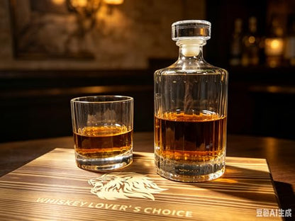 Whiskey Decanter Set 500ml(17oz), Lead-Free Crystal with 2 Glasses, Flat Panel for Custom Labels, Granite Chilling Stones, Slate Coasters, Premium Pine Gift Box, Compact Bar Kit for Bourbon Scotch