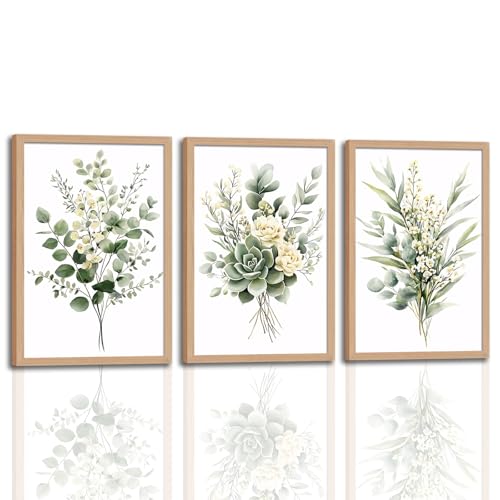 3Pcs Framed Vintage Botanical Wall Art Plant Floral Watercolor Canvas Prints Sage Green Painting Eucalyptus Leaf Picture Modern Minimalist Boho Bedroom Bathroom Living Room Ready to Hang 16x24in - color: Eucalyptus Leaf 3pcs, size: 16x24 Inches